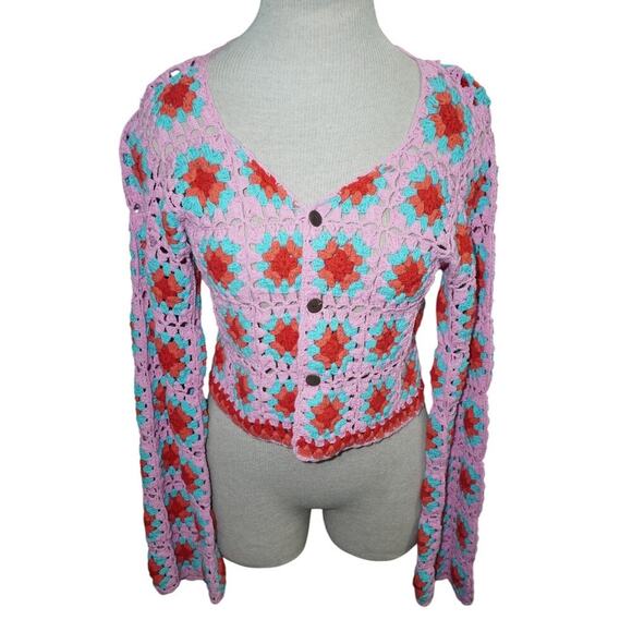 Wild Orange Tree Crochet Granny Square Cardigan Sweater Women’s Small - Picture 2 of 7